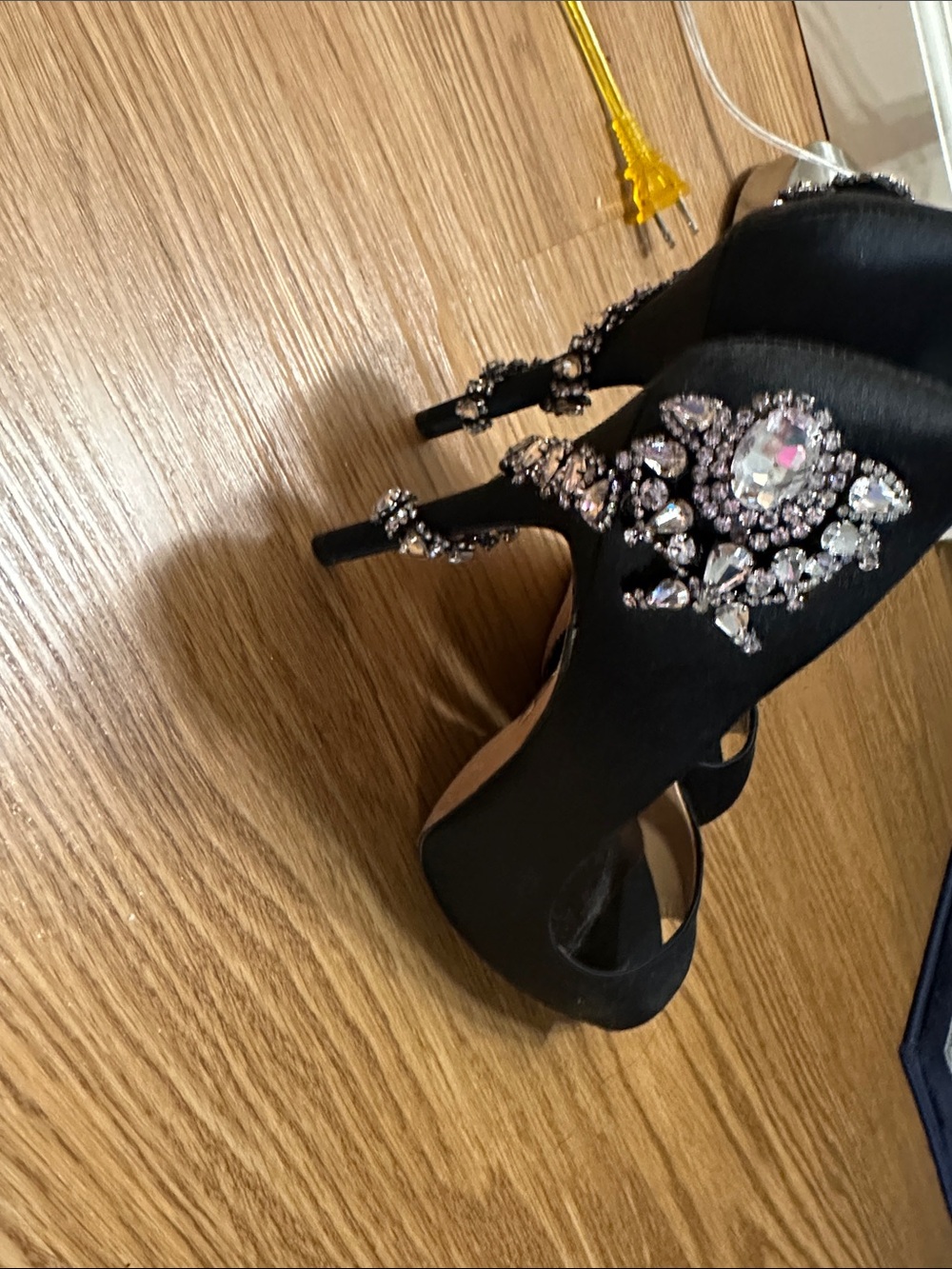 Badgley Mischka Black Satin Peep-Toe Pumps with Crystal Buckle